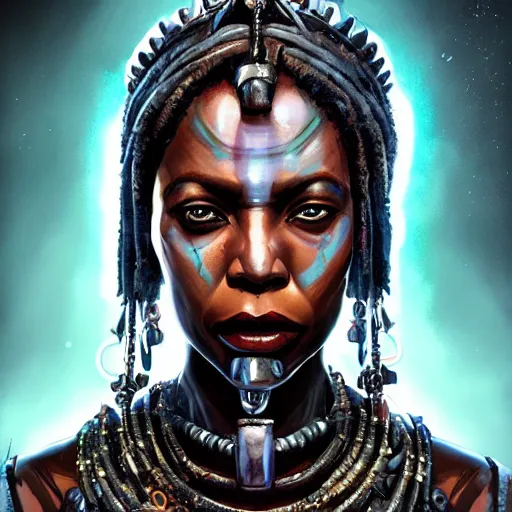 Prompt: a dark and ominous african queen with glowing eyes, a black diamond in her forehead, and jewelry made of bones, Apex Legends character digital illustration portrait design, by android jones and greg rutkowski in a cyberpunk voodoo style, detailed, cinematic lighting, wide angle action dynamic portrait