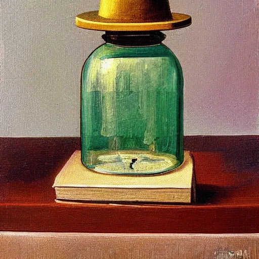 Prompt: a painting of crown on top of a glass jar on a table by Grant Wood