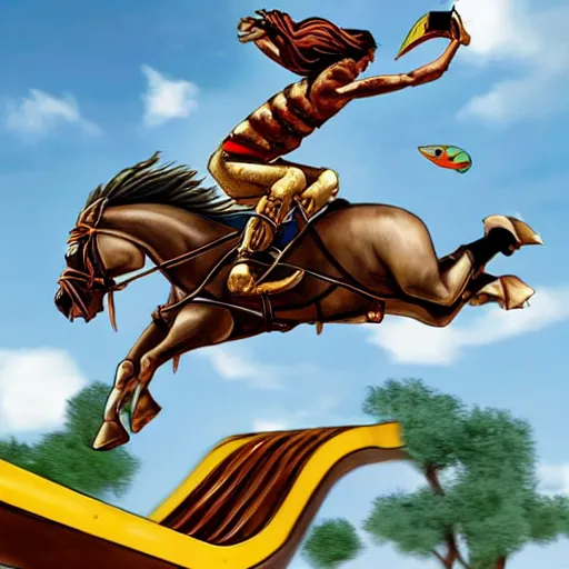 Prompt: roman chariot drawn by horse jumping a half pipe, intense, fish lense, cheering crowd, style of Tony Hawk pro skater