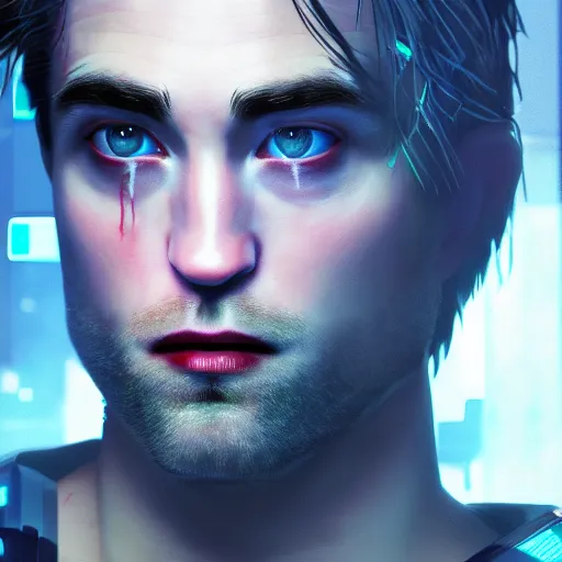 Image similar to robert pattinson portrait, Cyberpunk 2077, cyberpsycho, photorealistic, ultra detailed, neon, octane, bokeh, cyber, feature, scars, cyberface, 8k