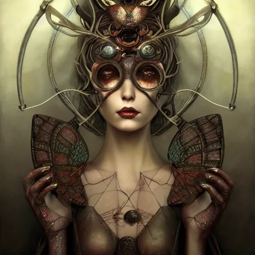 Prompt: realistic illustration of a beautiful rusted mechanical faerie queen with glowing eyes, moth wings with geometric patterns, reflective detailed textures, highly detailed dark fantasy science fiction painting by tom bagshaw and diego rivera and jean delville, silver and cool colors, artstation, octane render
