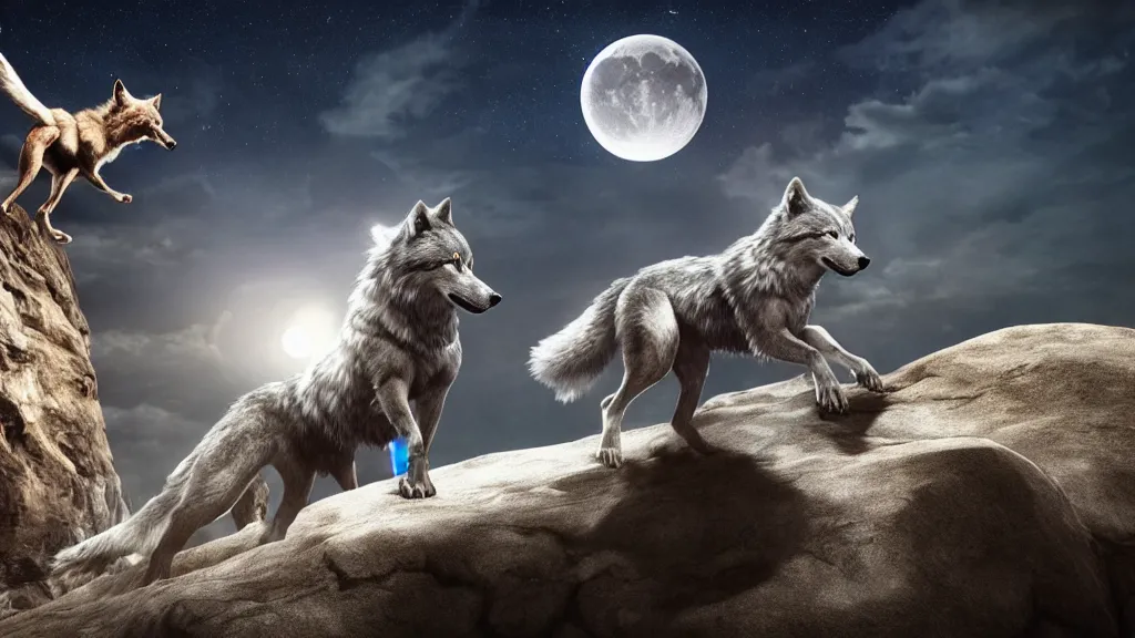 Prompt: Beautiful high resolution cinematography of David Bowie aka Ziggie Stardust, riding a giant silver wolf, while the wolf is on a giant boulder, with a massive moon in the background at night; Unreal Engine Render