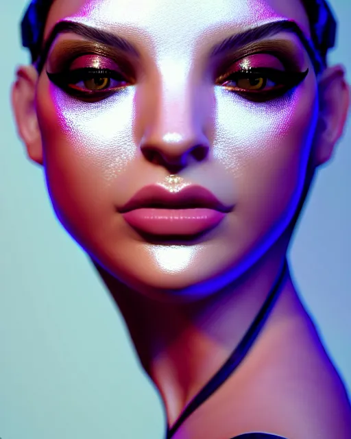 Prompt: beautiful female, haze, model, intricate, symmetrical face, makeup, sephora, maybelline, studio, reflections, cinematic, filmic, vsco, concept art, artstation, elegant, model, gorgeous, vray, flim, octane render, ambient occlusion, prism details