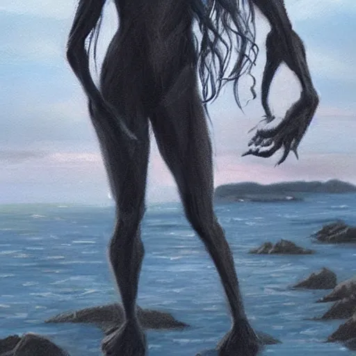 Prompt: improvisational by steve henderson. a beautiful print of a human - like creature with long, stringy hair. the figure has no eyes, only a mouth with long, sharp teeth. the creature is standing on a cliff overlooking a dark, foreboding sea.