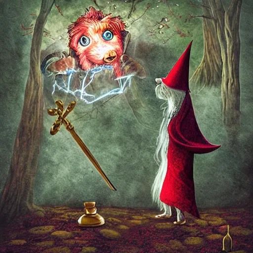Image similar to wizard dog as magic wizard casting spell surreal art