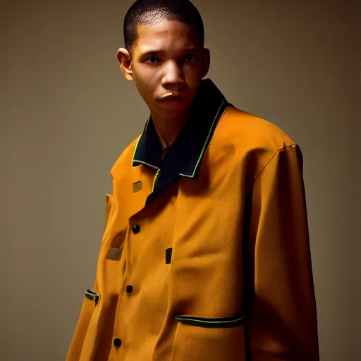 Image similar to realistic photoshooting for a new balenciaga lookbook, color film photography, portrait of a beautiful woman, model wearing a workwear jacket, by photo in style of Tyler Mitchell, 35mm,