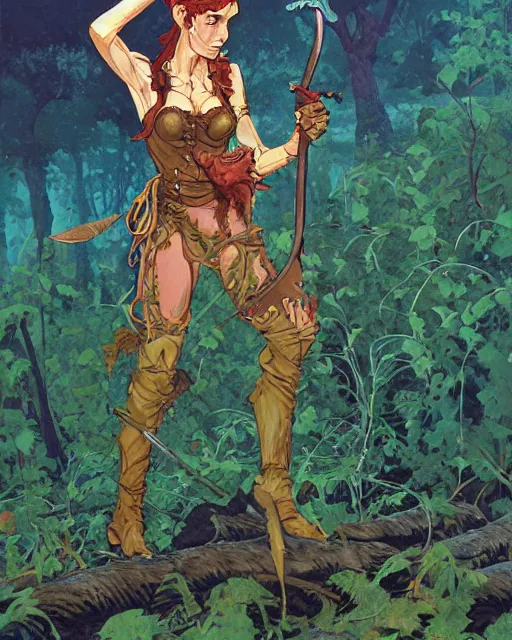 Prompt: moonshine cybin, epic level dnd wood elf spore druidess, wielding a magical sword, wearing magical overalls. covered in various fungi. full character concept art, realistic, high detail digital gouache painting by angus mcbride and michael whelan and jeffrey jones.