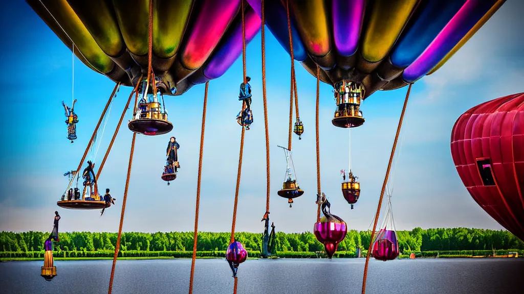 Image similar to large colorful futuristic space age metallic steampunk steam - powered balloons with pipework and electrical wiring around the outside, and people on rope swings underneath, flying high over the beautiful klaipeda in lithuania landscape, professional photography, 8 0 mm telephoto lens, realistic, detailed, photorealistic, photojournalism