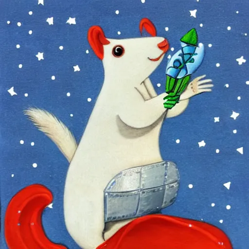 Image similar to A white squirrel on a rocket ship in space and with a blue flower in his paw