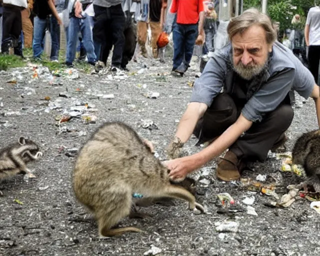 Image similar to slavoj zizek stealing trash from a racoon near a trash container