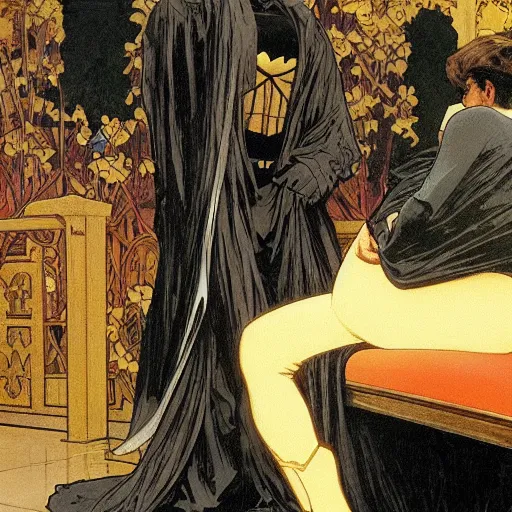 Image similar to a picture of batman sitting in a therapists office, 4 k, ultra detailed, luminist style, by alphonse mucha and william - adolphe bouguereau and john william waterhouse