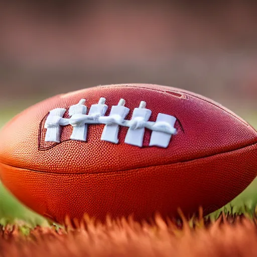 Image similar to baby groot playing football for the denver broncos, macro lens, low angle