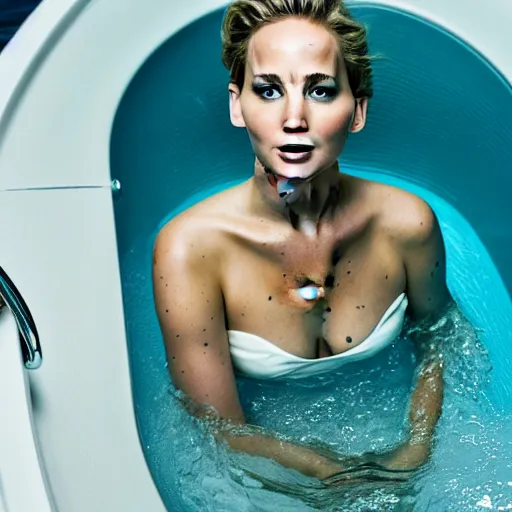 Image similar to a beautiful professional photograph for the cover of vogue magazine of jennifer lawrence, wearing a bikini, sitting in the bathtube looking at the camera in a flirtatious way, zeiss 5 0 mm f 1. 8 lens