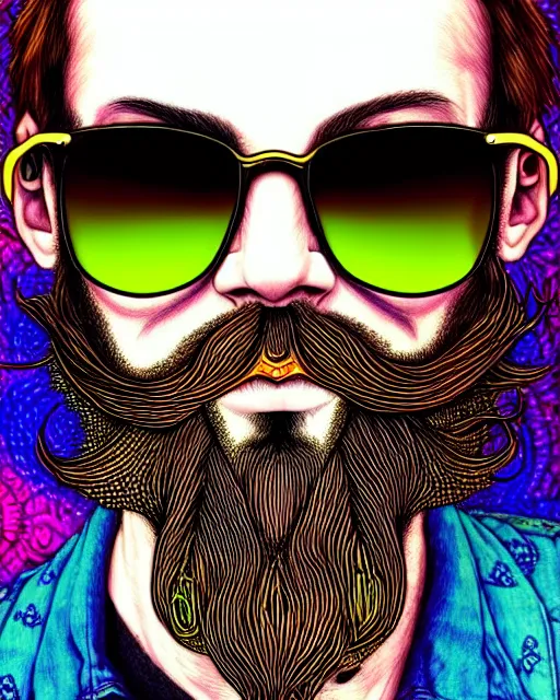 Prompt: detailed hipster skinny man with square sunglasses, long vibrant colored beard, dmt, by james gurney + intricate and vibrant work + portrait + trending on artstation + incredible gothic illustration + exquisite detail