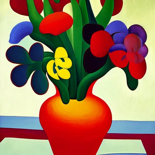 Prompt: a painting of red and yellow flowers in a white vase, a gouache by tarsila do amaral, behance, fauvism, fauvism, oil on canvas, acrylic art