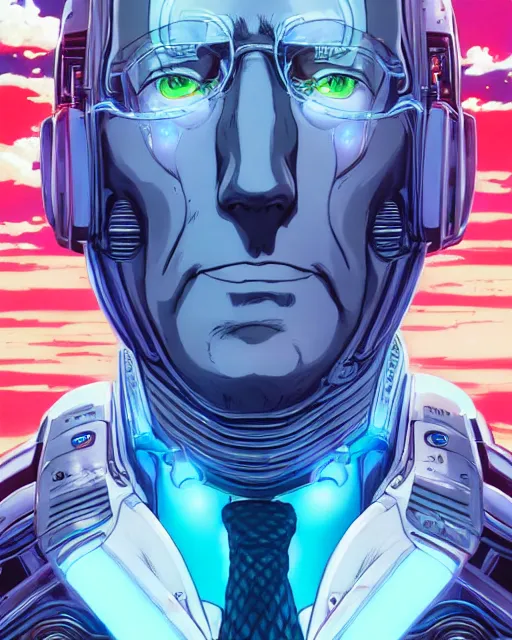 Image similar to portrait of saul goodman as a robot, cybernetic enhancements, art by makoto shinkai and alan bean, yukito kishiro