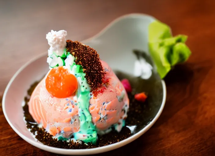 Prompt: dslr food photograph of ice cream sundae topped with salmon roe and wasabi drizzle, 8 5 mm f 1. 8