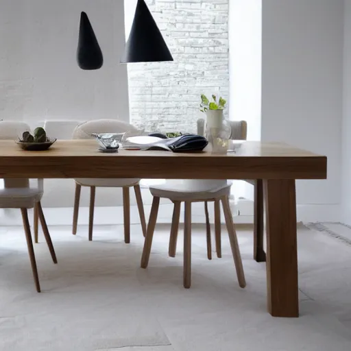 Prompt: white zen clean modern minimalist sparse oak table in a bright room