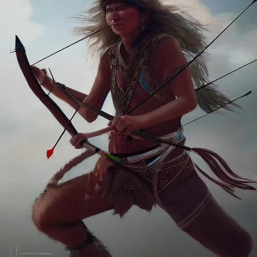 Image similar to tribal archer woman aiming her bow off camera, painting, artstation, epic, intense lighting