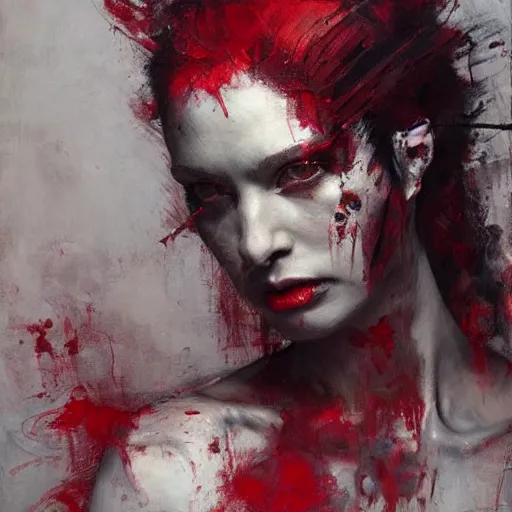 Prompt: portrait of the death angel, beautiful female face, angelic, dark, blood, by jeremy mann, by lucian freud, god rays, warrior face painting red, wings