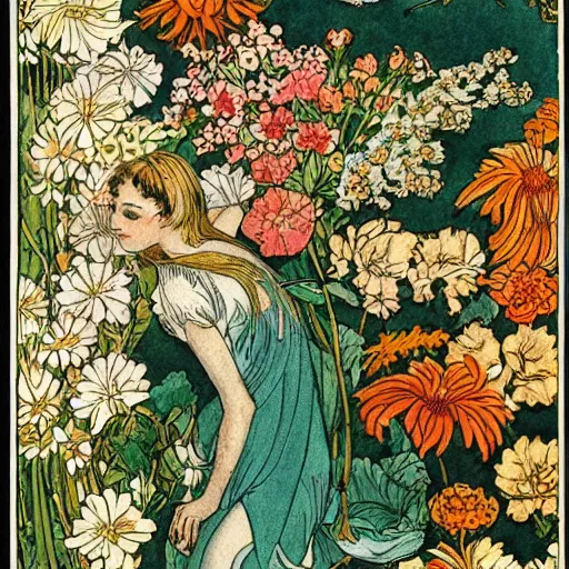 Image similar to a floral fantasy illustration by walter crane