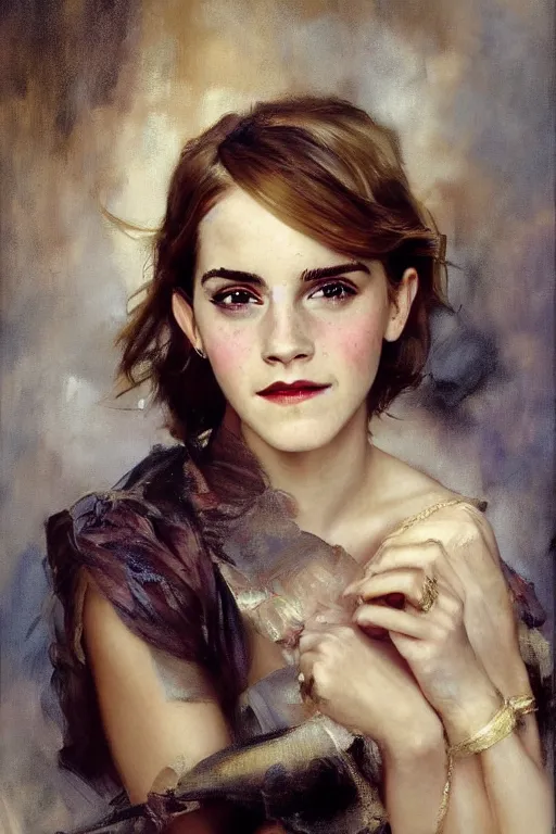 Prompt: emma watson smiling detailed portrait painting by gaston bussiere craig mullins j. c. leyendecker photograph by richard avedon peter lindbergh