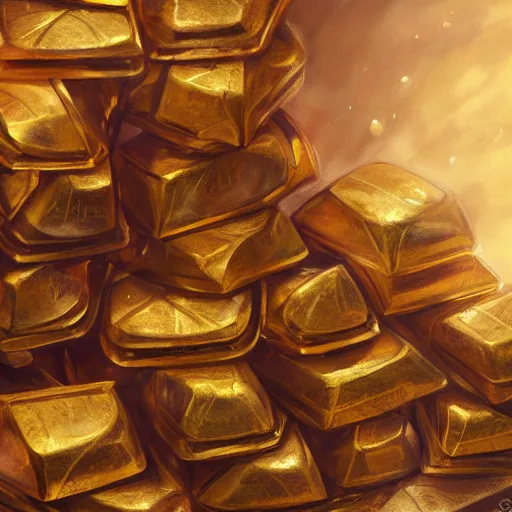 Image similar to a pile of golden ingots, fantasy art, trending on art station, highly detailed, hyper realism, art,