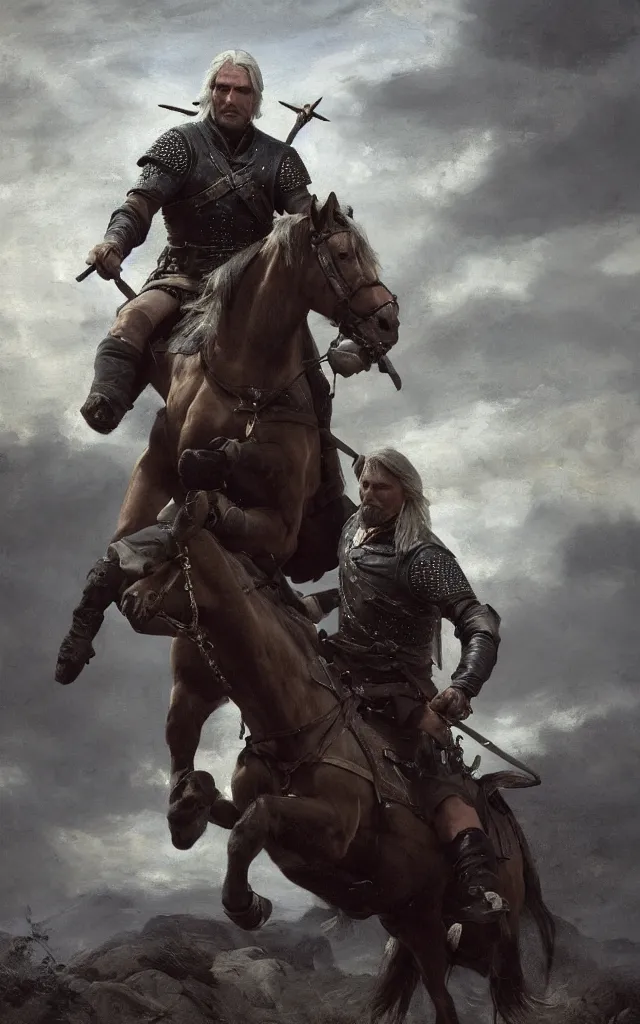 Image similar to mads mikkelsen as geralt of rivia from the witcher on a horse, artstation, by camille corot, cinematic, dramatic, filmic, 8 k, moody lighting, cinematic lighting, insanely detailed and intricate, hypermaximalist, elegant, ornate, hyper realistic, super detailed