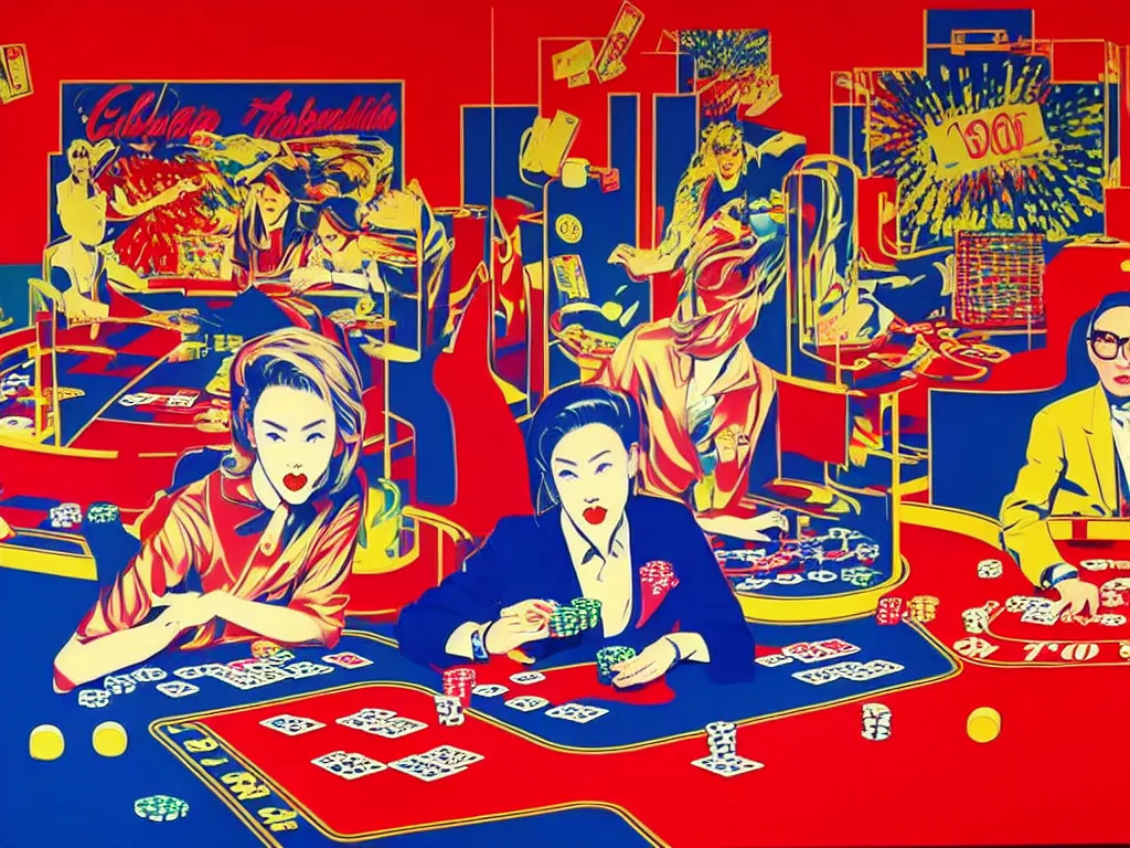 Image similar to hyper - realistic composition of a room in a casino with an extremely detailed poker table, croupier in kimono standing nearby fireworks in the background, pop art style, jackie tsai style, andy warhol style, acrylic on canvas