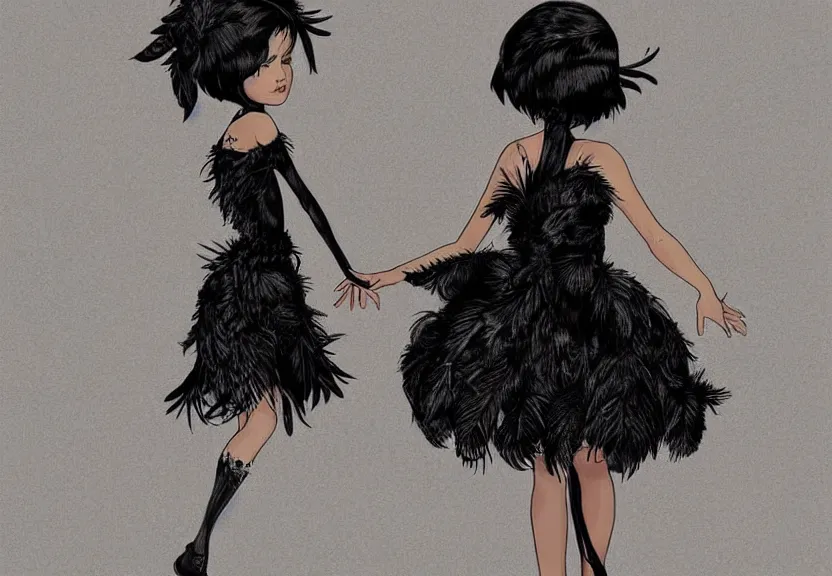 Image similar to little girl with a short black haircut wearing a dress made of black feathers, artwork in disney art style, anatomically perfect