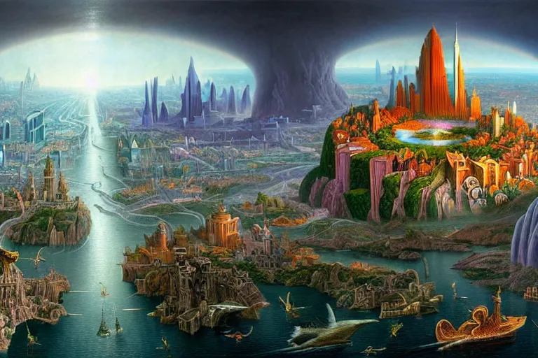 Image similar to a beautiful stunning insanely detailed matte painting of a magical mythical city at the edge of world buzzing with activity by Heironymous Bosch and Jim Burns