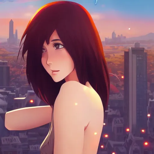 Image similar to a beautiful woman with a hime haircut, dark brown hair and tan skin, dark brown eyes, city landscape, 4k, anime key visual, lois van baarle, ilya kuvshinov, rossdraws, artstation