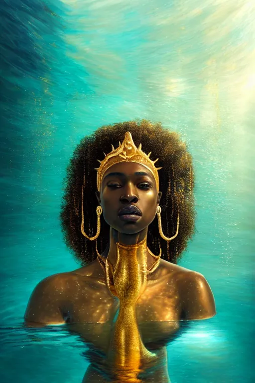 Prompt: hyperrealistic precisionist cinematic half underwater scene very expressive! translucent elegant african goddess full body, gold jewerly, highly detailed face, digital art masterpiece, aykut aydogdu eric zener, dramatic volumetric light, long shot, low angle uhd 8 k, sharp focus