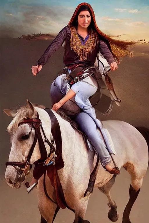 Image similar to hyperrealistic pictures from middle eastern woman ride horse, super highly detail