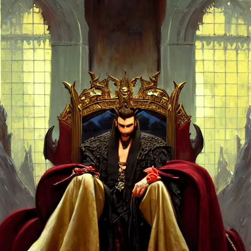 Image similar to perfectly centered portrait of attractive vampire king in a robe sitting on a throne of bones, highly detailed painting by gaston bussiere, craig mullins, j. c. leyendecker, 8 k