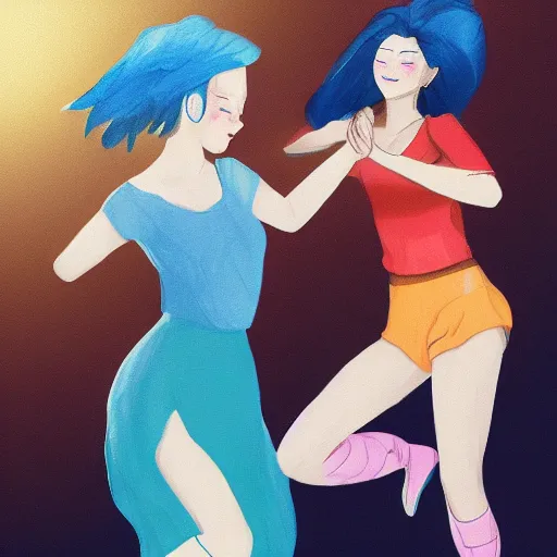 Prompt: two young women dancing together, one with short brown hair and one with blue hair, dramatic, trending on artstation