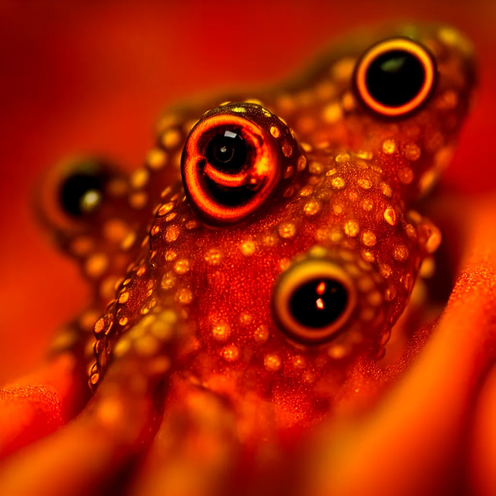 Image similar to fiery whimsical emotional eyes cephalopod, in a photorealistic macro photograph with shallow dof