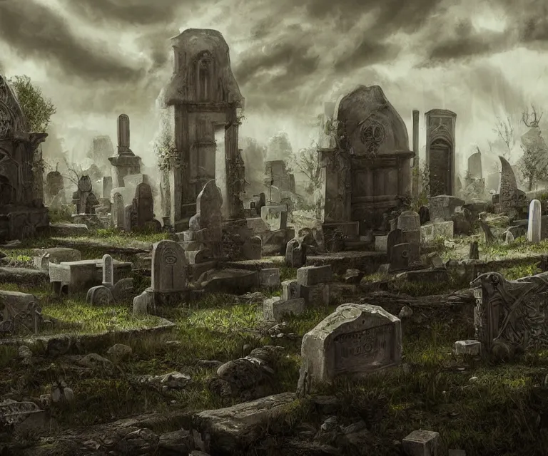 Image similar to a city of tombs and tombstones, graveyard landscape, giant grave structures, giant tomb structures, dark fantasy, digital art, fantasy art