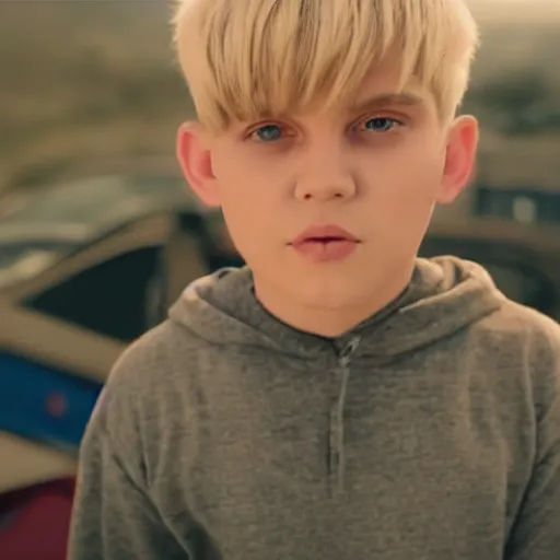 Image similar to an in-game screenshot of blonde hair blue eyed boy in rap music video