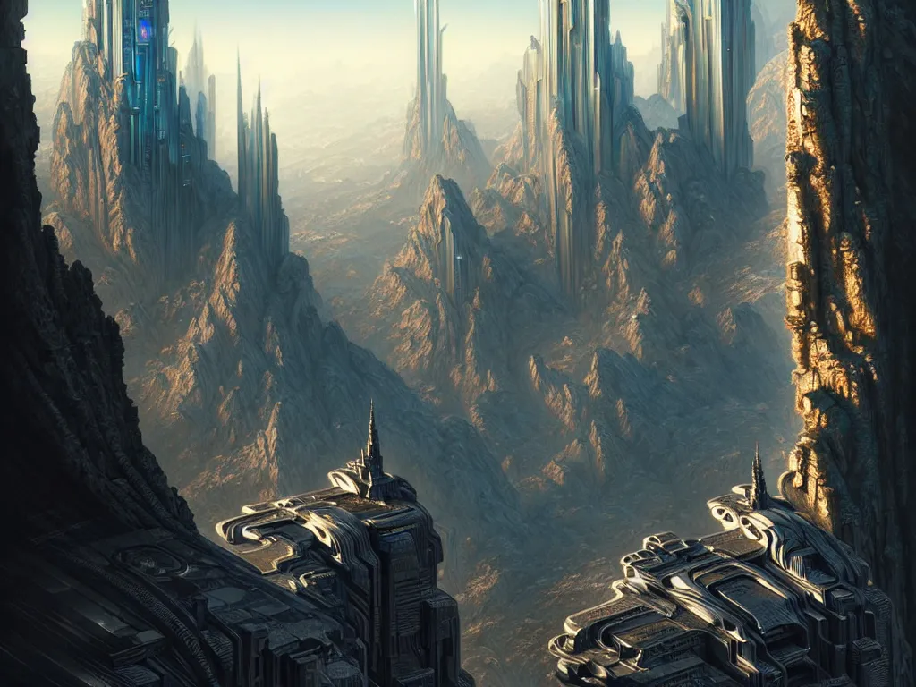 Image similar to ultra detailed, futuristic cityscape carved into mountain wall, cyberpunk, fantasy, intricate details, elegant, super highly detailed, professional digital painting, artstation, concept art, smooth, sharp focus, extreme illustration, Unreal Engine 5, Photorealism, 8k, cinematic, art by artgerm and greg rutkowski and alphonse mucha and loish and WLOP