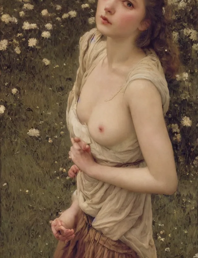 Prompt: tempting peasant girl with deep seductive décolleté looking in the camera, on a village, high angle view, portrait, Cinematic focus, Polaroid photo, vintage, neutral colors, soft lights, foggy, by Steve Hanks, by Serov Valentin, by lisa yuskavage, by Andrei Tarkovsky 8k render, detailed, oil on canvas
