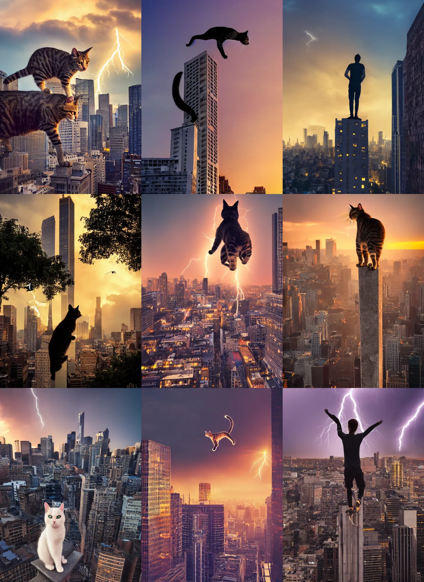 Prompt: a cinematic photograph of a cat standing on top of tall skycrapers doing parkour in a city, at sunset, ultra detailed, realistic, beautiful lightning, golden hour time, 8 k, high depth field