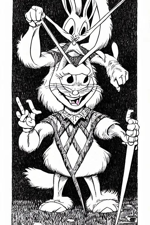 Image similar to bugs bunny as a d & d monster, full body, pen - and - ink illustration, etching, by russ nicholson, david a trampier, larry elmore, 1 9 8 1, hq scan, intricate details, stylized border