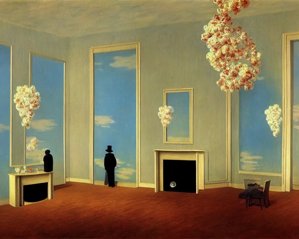 Prompt: achingly beautiful painting of a sophisticated, well - decorated, modern parlor by rene magritte, monet, and turner. whimsical.