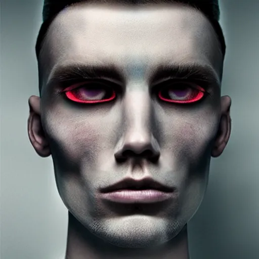 Image similar to a beautiful young male alien with ombre skin, his hair moves with the wind, photographed by erwin olaf