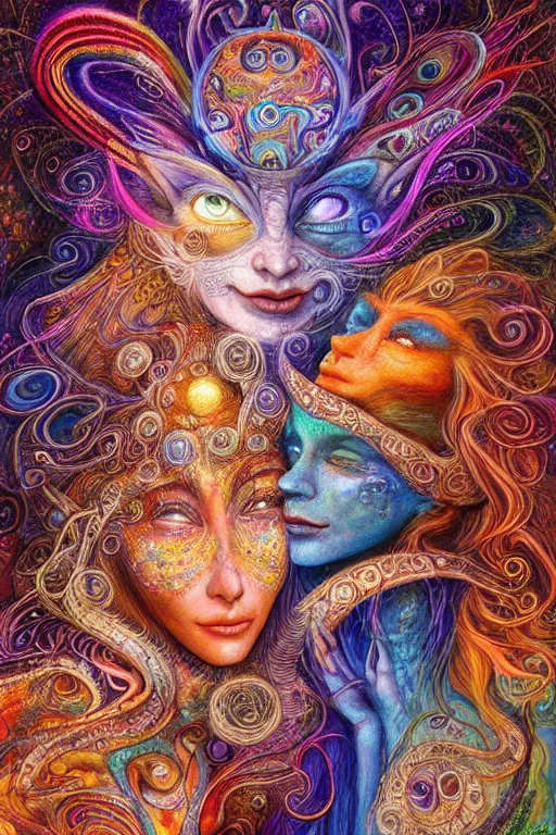 Prompt: two psychedelic shamans intertwined in a cosmic entanglement by Josephine Wall and Daniel Merriam, Artstation