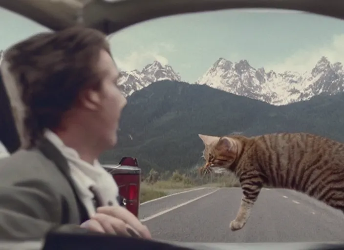 Prompt: A very high resolution image from a new movie, a cat driging around, inside of a car , mountains, Polaroid, directed by wes anderson