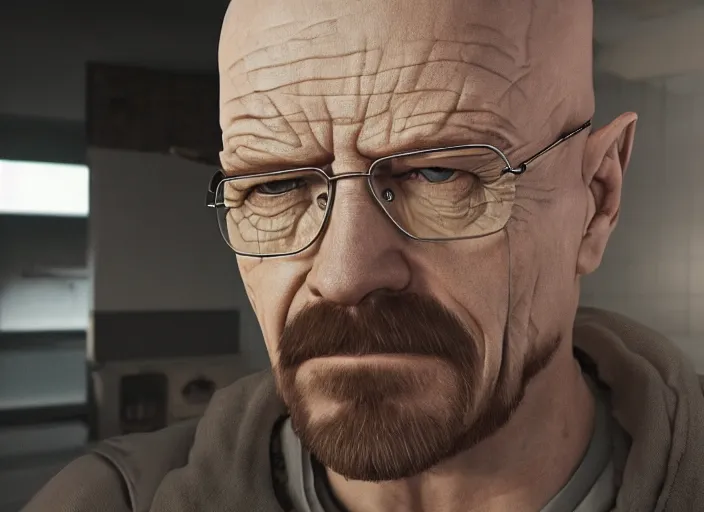 Image similar to walter white approaching venom, ultra realistic 4 k unreal engine very cinematic render with ray tracing bloom ambient occlusion strong reflections depth of field fog