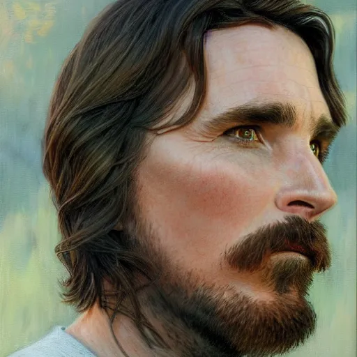 Prompt: full face profile view of Christian Bale by Donato Giancola