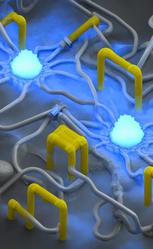 Image similar to liquid nitrogen with yellow water-cooling coolant flowing through latent representations of dark ice caverns undergoing centrifugal forces, illuminated by computer circuitry sticking out the walls, high detail, high contrast, low-poly elements, 90s low poly render, 4k upscaling